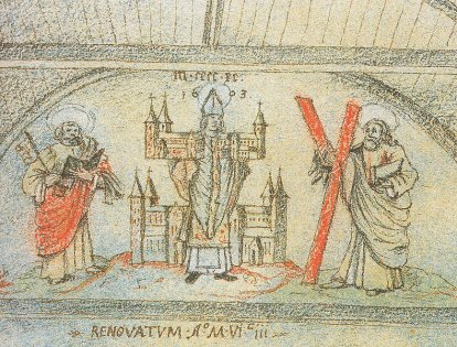 St. Pieters-kerk: latere muurschildering over de kerkstichting door Bernold (1048) 